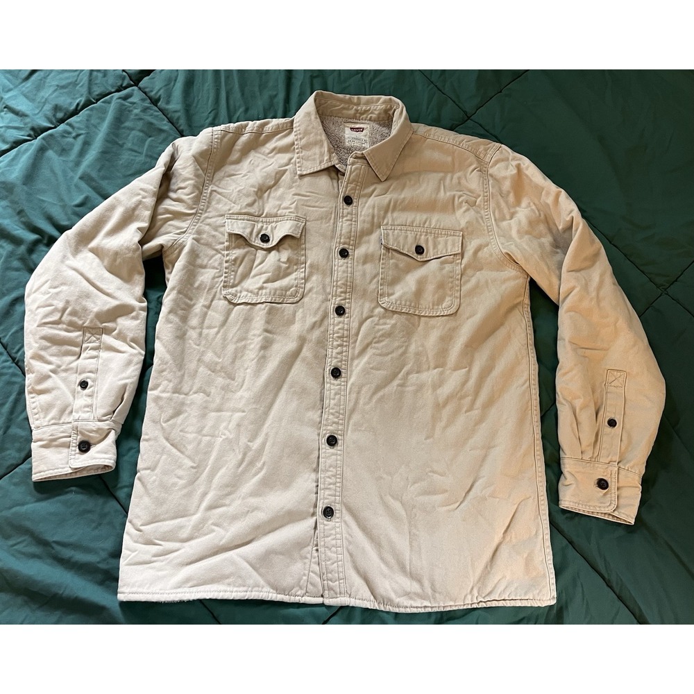 Mens LRG Levis Beige Sherpa Lined Shirt Jacket Shacket Chest Pockets Button Up